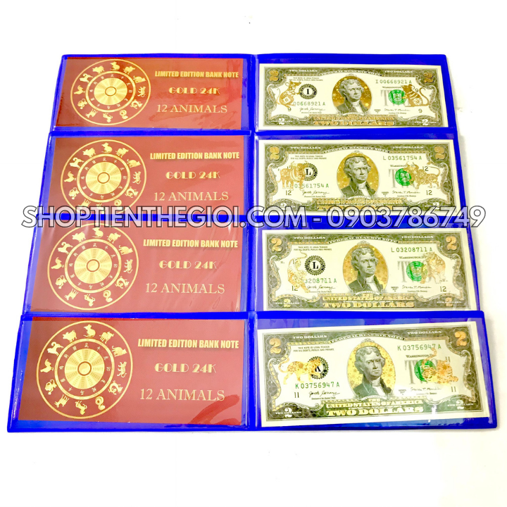 Bộ Tiền 2 USD in hình 12 Con Giáp 3D nhũ vàng - SP005563